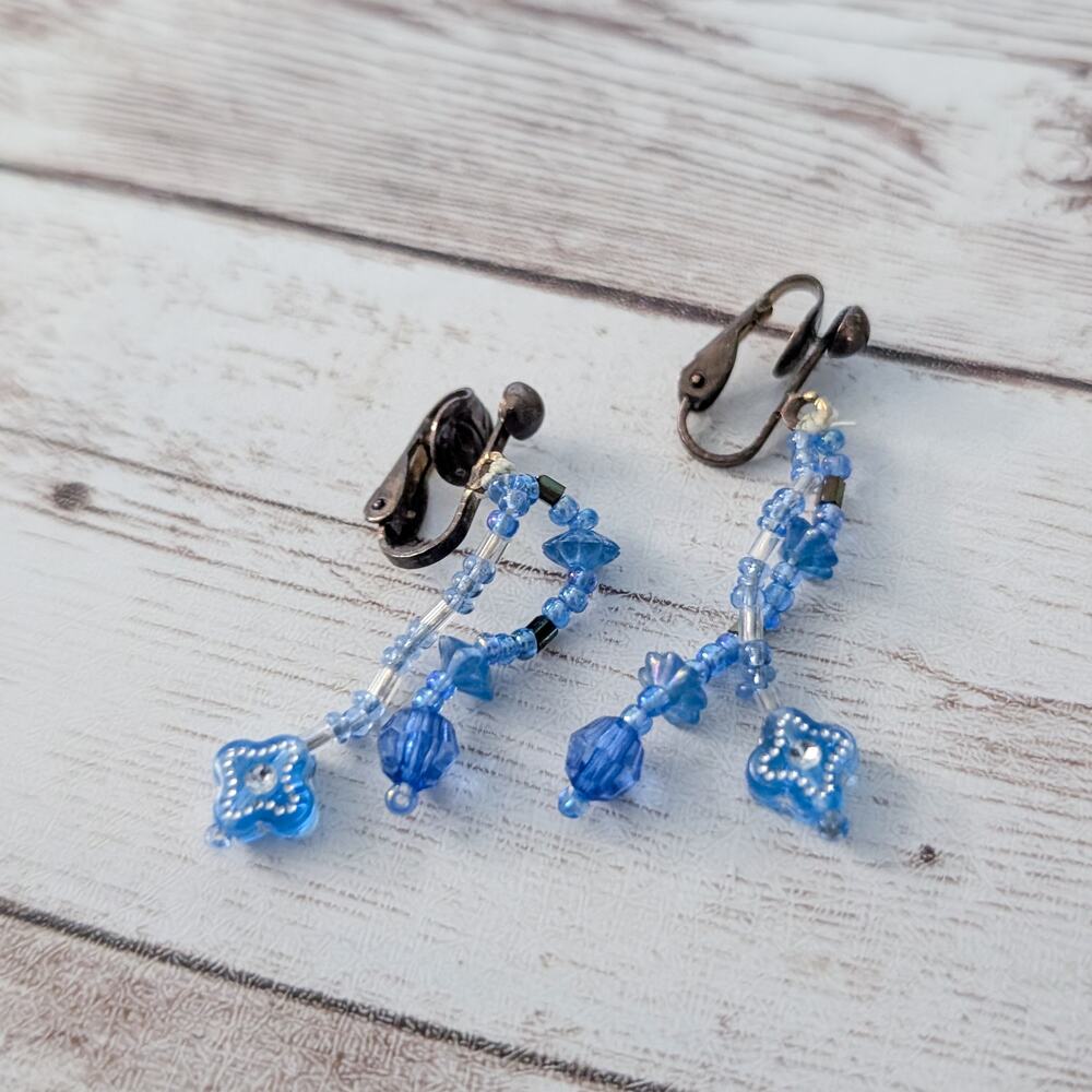 Vintage Clip On Earrings Beaded Blue Dangle